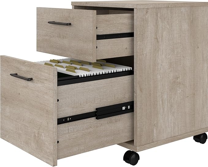 Bush Furniture Key West 60W L Shaped Desk with 2 Drawer Mobile File Cabinet in Washed Gray - LeafyLoom