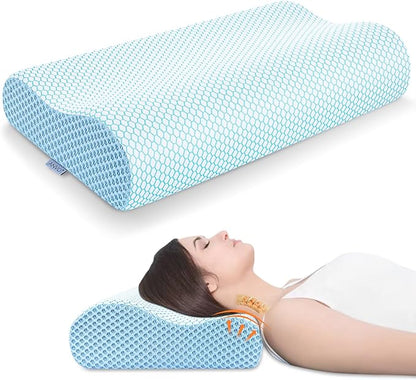 Anvo Memory Foam Pillow, Neck Contour Cervical Orthopedic Pillow for Sleeping Side Back Stomach Sleeper, Ergonomic Bed Pillow for Neck Pain - Blue White, Soft - LeafyLoom