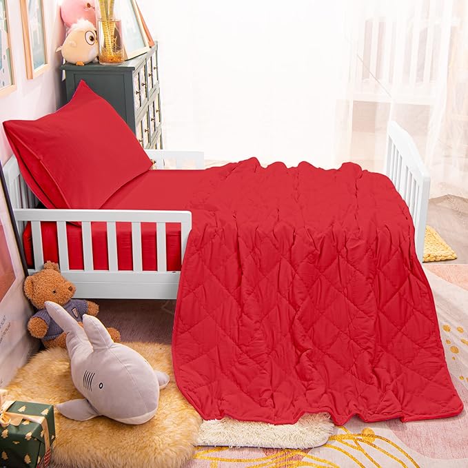 NTBAY Toddler Bedding Set - 4 Piece Soft and Breathable Crib Bedding Set for Boys and Girls, Includes Quilted Comforter, Fitted Sheet, Flat Top Sheet and Envelope Pillowcase, Wine Red - LeafyLoom