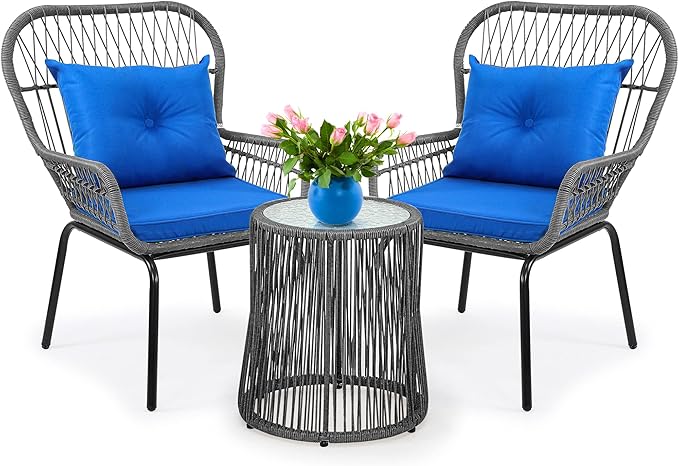 YITAHOME 3-Piece Outdoor Patio Furniture Wicker Bistro Set, All-Weather Rattan Conversation Chairs for Backyard, Balcony and Deck with Soft Cushions, Glass Side Table (Gray+Navy Blue) - LeafyLoom