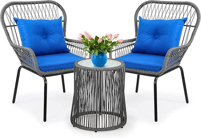 YITAHOME 3-Piece Outdoor Patio Furniture Wicker Bistro Set, All-Weather Rattan Conversation Chairs for Backyard, Balcony and Deck with Soft Cushions, Glass Side Table (Gray+Navy Blue) - LeafyLoom