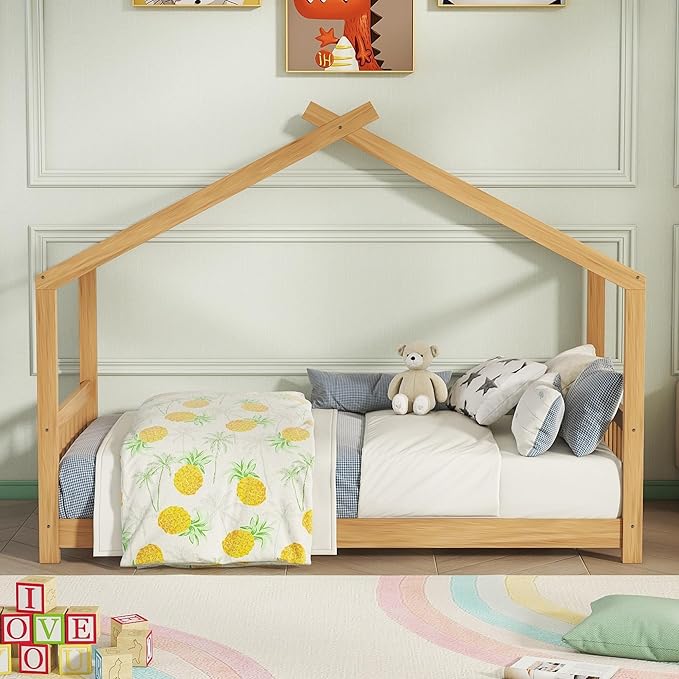 Montessori Floor Bed Frame Twin Size, Twin Floor Bed with Headboard and Footboard, Low House Bed for Girls, Kids, Boys, No Box Spring Needed, Natural Montessori Bed Twin Size - LeafyLoom