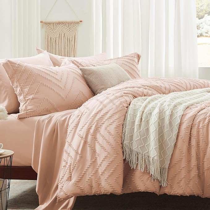 Anluoer Twin Comforter Set, Pink Tufted Bed in a Bag 5 Pieces with comforters and sheets, All Season Bedding Sets with 1 Comforter, 1 PillowShams, 1 Pillowcases, 1 Flat Sheet, 1 Fitted Sheet - LeafyLoom