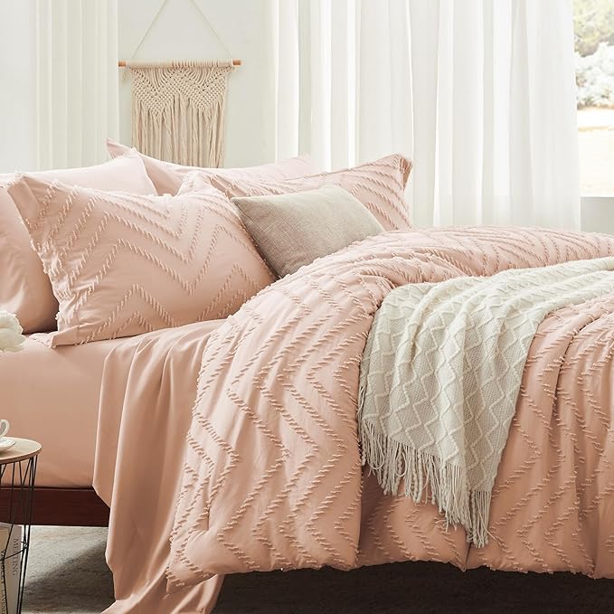 Anluoer Full Comforter Set, Pink Tufted Bed in a Bag 7 Pieces with comforters and sheets, All Season Bedding Sets with 1 Comforter, 2 PillowShams, 2 Pillowcases, 1 Flat Sheet, 1 Fitted Sheet - LeafyLoom