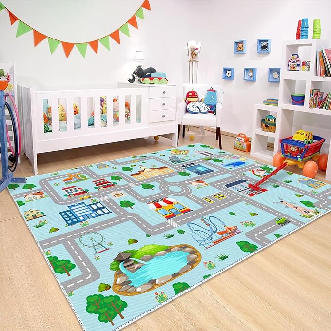 Kids Car Rug, 6x9 City Life Traffic Road Playmat for Toy Cars Trains, Non-Slip Race Track Carpet Educational Fun Area Rugs for Boy and Girl Bedroom Nursery - LeafyLoom