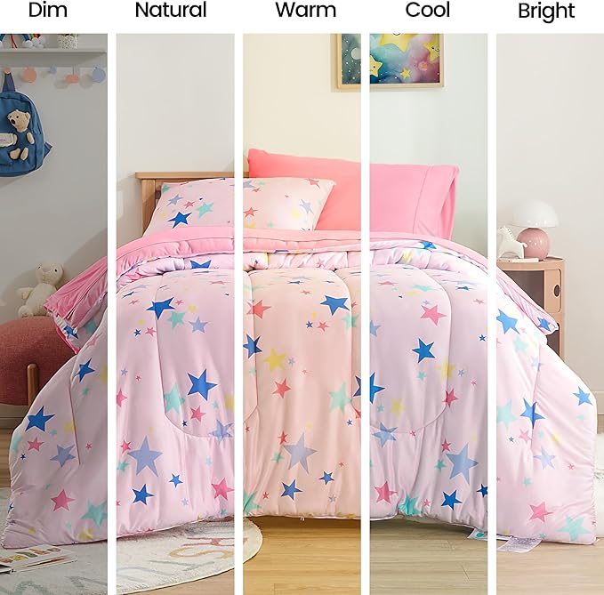 SLEEP ZONE Jersey Knit Pink Comforter Set Twin Size, Breathable & Soft Kids Bedding Set 2-Piece with Comforter, Pillowcase (Colorful Stars, Twin) - LeafyLoom