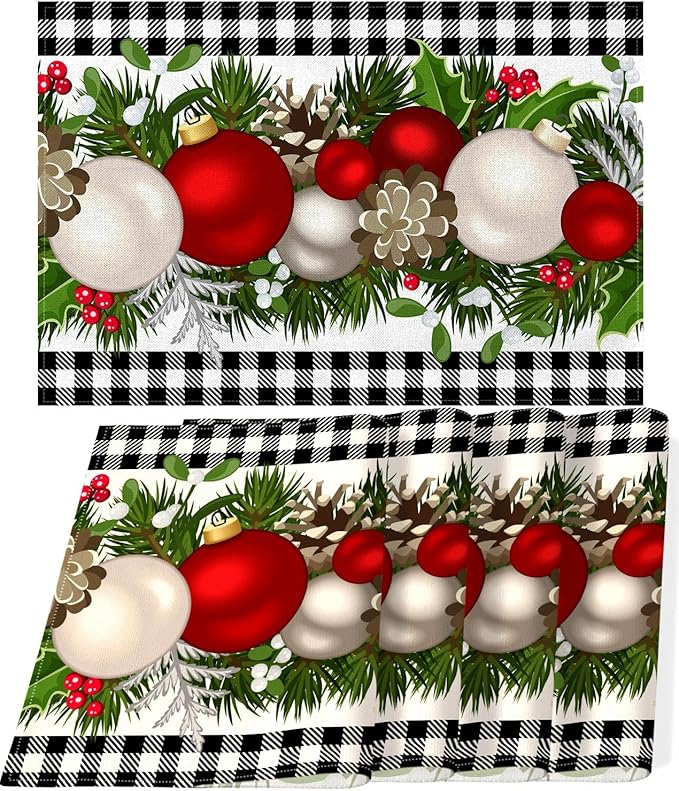 Nepnuser Black and White Gingham Christmas Placemats Set of 4 Buffalo Check Plaid Xmas Place Mats for Home Kitchen Dining Table Decoration Nepnuser