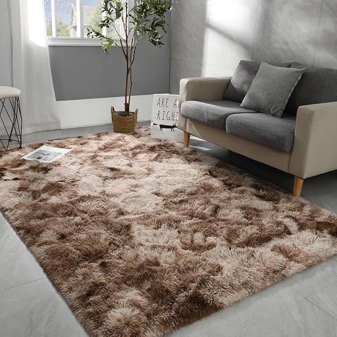 6x9 Large Area Rugs for Living Room, Super Soft Fluffy Modern Bedroom Rug, Tie-Dyed Brown Indoor Shag Fuzzy Carpets for Girls Kids Nursery Room Home Decor - LeafyLoom