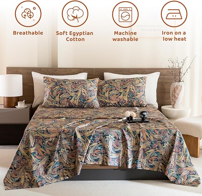 QSH Boho Bed Sheets Queen Size - 100% Egyptian Cotton Sheets Elegant Paisley Flower Pattern Printed Bedding Sheets Queen Size Bohemian Bedding 4pcs Deep Pockets Bed Sheets - LeafyLoom