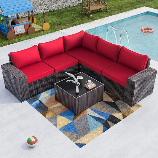 Kullavik 6PCS Outdoor Patio Furniture Set PE Wicker Rattan Sectional Sofa Patio Conversation Sets,Red - LeafyLoom