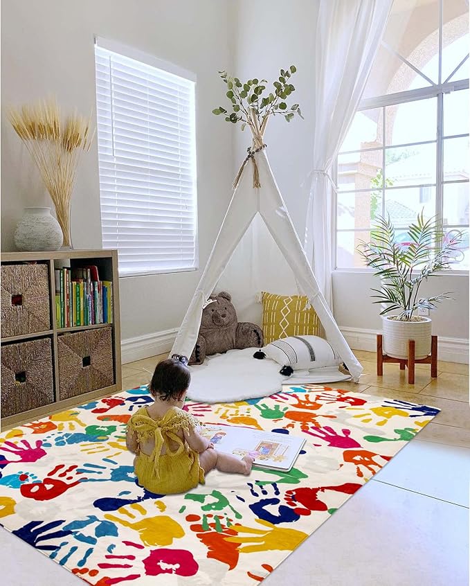 Handprints and Footprints Large Kids Rug 5'x7', Washable Colorful Area Rug for Nursery Room, Non-Slip Play Mat Ultra Soft Indoor Carpet for Bedroom Playroom Classroom - LeafyLoom