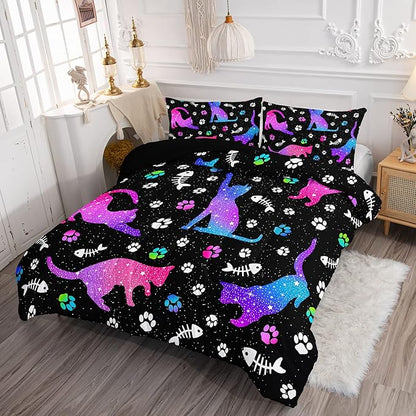 Cute Cat Comforter Kids Bedding Set Full,3Pcs Soft Paw Fish Bone Print Quilt Set Bed in A Bag with 1 Comforter 2 Pillowcases for Kids Boys Girls Teens Adults Room Decor All Season Gradient Purple Blue - LeafyLoom