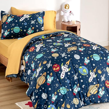 SLEEP ZONE Kids Twin Bedding Comforter Set - Super Cute & Soft Kids Bedding 5 Pieces Set with Comforter, Sheet, Pillowcase & Sham (Rocket Galaxy) - LeafyLoom