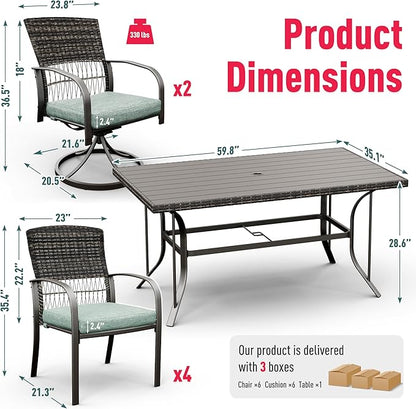 Pamapic 7 Piece Patio Dining Set for 6,Outdoor Wicker Furniture Set for Backyard Garden Deck Poolside with 4 Dining Chairs and 2 Swivel Rockers,Iron Slats Table Top, Removable Cushions(Green) - LeafyLoom