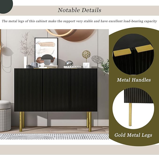 Modern Simple Sideboard with Particle Board & MDF,Luxury Style Buffet Cabinet,W/Gold Metal Legs and Handles,Adjustable Shelves,for Kitchen,Dining Room,Black, 47.2" - LeafyLoom