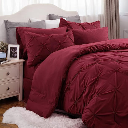 Bedsure Red Comforter Set King - Bedding Set King 7 Pieces, Pintuck Bed in a Bag Burgundy Bed Set with Comforter, Sheets, Pillowcases & Shams - LeafyLoom