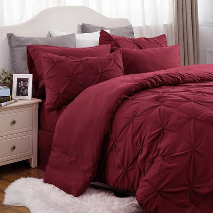 Bedsure Red Comforter Set Queen - Bed in a Bag Queen 7 Pieces, Pintuck Bedding Sets Burgundy Bed Set with Comforter, Sheets, Pillowcases & Shams - LeafyLoom