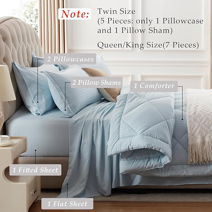 NexHome Light Blue King Bed in a Bag 7-Pieces Comforter Sets with Comforter and Sheets Soft All Season Bedding Sets with Comforter, Pillow Shams, Flat Sheet, Fitted Sheet and Pillowcases - LeafyLoom