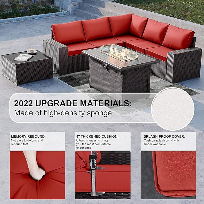 Kullavik 7 Pieces Outdoor Patio Furniture Set with 43" 55000BTU Gas Propane Fire Pit Table PE Wicker Rattan Sectional Sofa Patio Conversation Sets,Dark Red - LeafyLoom