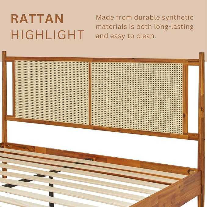 Bme Oliver King Bed Frame and Headboard - 15-Inch Signature Design with Rattan Headboard, Bohemian and Mid Century Style, 12-Slat Wood Support, No Box Spring Needed - Easy Assembly, Caramel - LeafyLoom