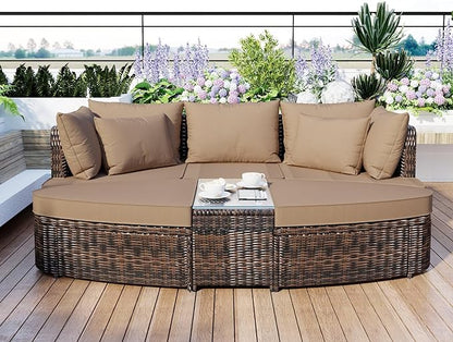 6-Piece Patio Round Sofa Set Rattan Daybed with Coffee Table and Cushions, Outdoor Furniture Conversation Sectional Seating Group for Garden, Poolside, Backyard, Brown - LeafyLoom