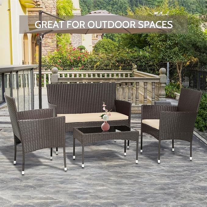 FDW Patio Furniture Set 4 Pieces Outdoor Rattan Chair Wicker Sofa Garden Conversation Bistro Sets for Yard (Brown) - LeafyLoom