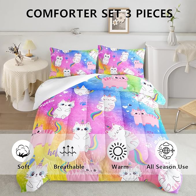 Axolotl Cat Bedding Twin Cartoon Cat Comforter Set,Rainbow Printed Kids Bedding Set for Girls Kids Adults Teens,Kids Comforter Set All Season,1 Quilt 2 Pillow Cases,Colorful Pink Blue - LeafyLoom