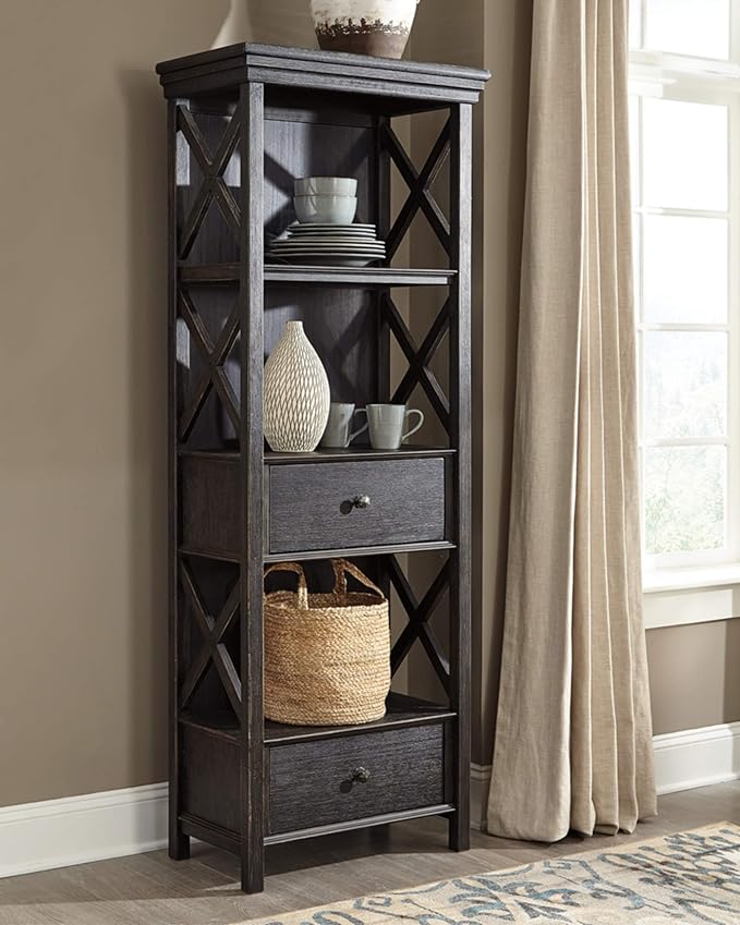 Signature Design by Ashley Tyler Creek Farmhouse 75" Display Cabinet or Bookcase with Drawers, Almost Black - LeafyLoom