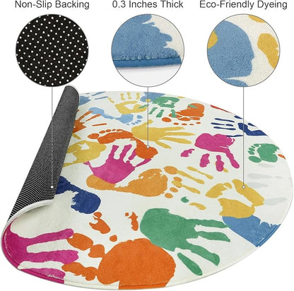 Colorful Round Rug for Kids Bedroom, 4'x4' Handprints and Footprints Circle Rug for Playroom, Rainbow Washable Rug for Nursery, Small Circular Carpet for Classroom Dorm Daycare - LeafyLoom