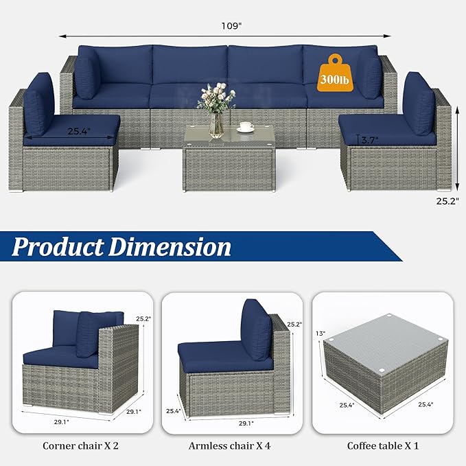 SUNVIVI OUTDOOR 7 Piece Patio Furniture Sets All Weather Gery PE Wicker Couch Sofa with Glass Table, Removable Navy Cushions - LeafyLoom