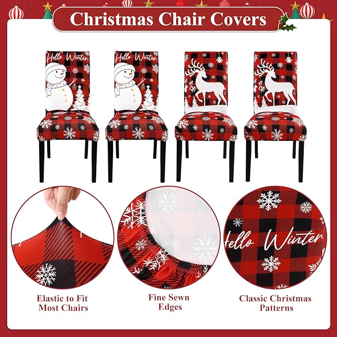 U'Artlines Christmas Chair Covers Set of 4, Removable Washable Merry Christmas Dining Chair Seat Covers Stretch Protector Slipcovers for Dining Room Kitchen Holiday Party Decor, Red Buffalo Plaid UArtlines