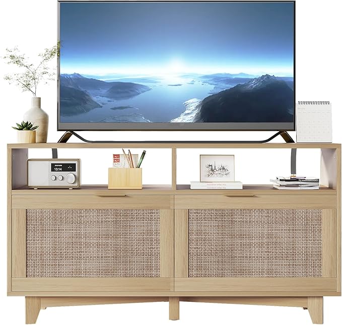 SRIWATANA TV Stand for Televisions up to 55 Inch, Wooden TV Cabinet with 2 Rattan Doors, Entertainment Center with Storage, Media Furniture for Living Room, Bedroom, Oak - LeafyLoom