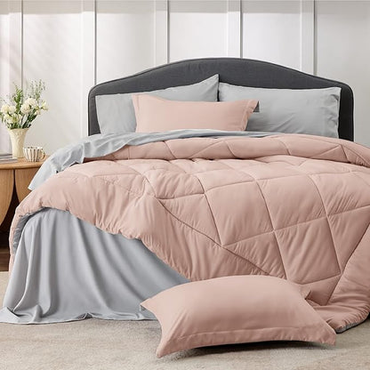 Bedsure Blush Pink Queen Comforter Set - 7 Pieces Reversible Queen Bed in a Bag Queen Bed Set with Comforters, Sheets, Pillowcases & Shams, Queen Bedding Sets - LeafyLoom