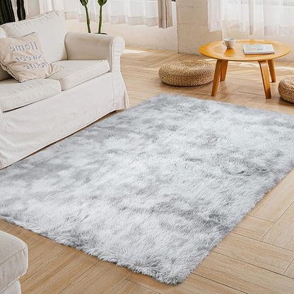 YOBATH Fluffy Grey Area Rug 6x9 Feet for Living Room, Plush Anti-Slip Shaggy Carpet for Bedroom, Fuzzy Shag Rugs for Kids Girls Boys Room Nursery Playroom Dorm Room, Tie-Dyed Light Grey - LeafyLoom