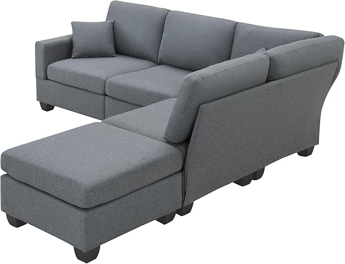 89.8" Modern Sectional Sofa with Convertible Ottoman and 2 Pillows,L-Shape Linen Fabric Corner Couch 5 Set W/Back & Cushion,can Hold up to 330 Lbs,for Apartment,Living Room,Dark Grey - LeafyLoom