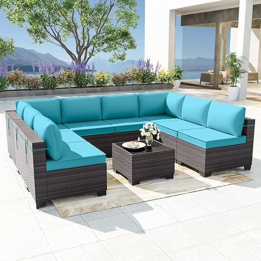 Patio Furniture Set 9-Pieces Outdoor Furniture for Backyard Wicker Sectional Sofa Set, Rattan Patio Conversation Set with Thickened Cushions and Glass Coffee Table, Turquoise - LeafyLoom