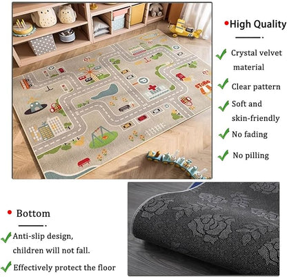 kid rug carpet playmat for toy cars and trains,road traffic kids play area rug,city Life town play Mat for Playroom Bedroom Boys,Children's Educational Fun Throw Rug with Rubber Backing 47X71IN - LeafyLoom