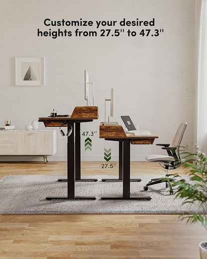 BANTI Height Adjustable Electric Standing Desk with Three Drawers, 48 x 25 Inch Table with Storage Shelf, Sit Stand Desk with Storage Space, Splice Board with Black Frame/Rustic Brown Top - LeafyLoom