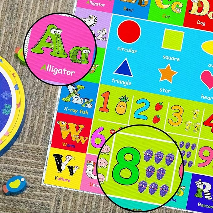 Kids Alphabet Play Game Rug - 6'x9' ABC Numbers and Shapes Educational Learning Toddler Carpet - Kids Room Playroom Classroom Kindergarten Activity Fun Soft Non-Slip Mat - LeafyLoom