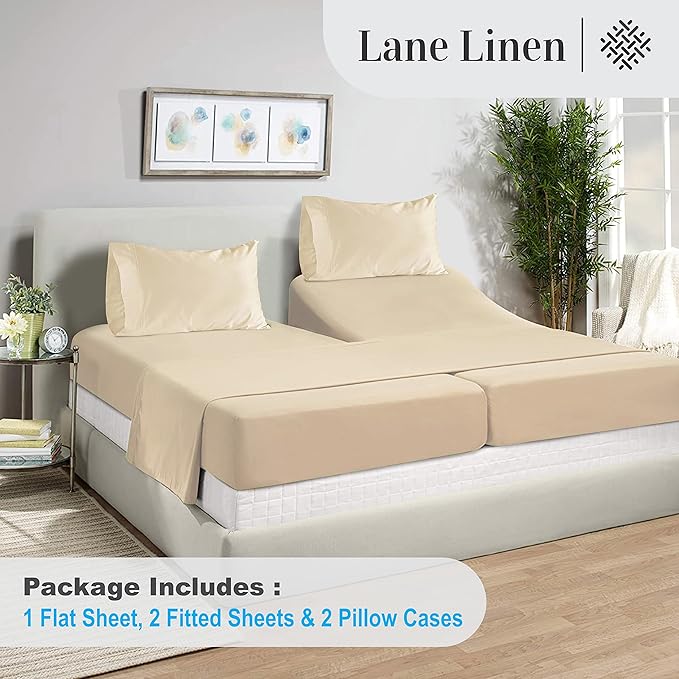 LANE LINEN Split King Sheets for Adjustable Beds - 1000 Thread Count 5 Piece Set 100% Egyptian Cotton Sateen Weave Cool Breathable & Soft 2 Fitted Fits Upto 17" Deep Pockets Ivory - LeafyLoom