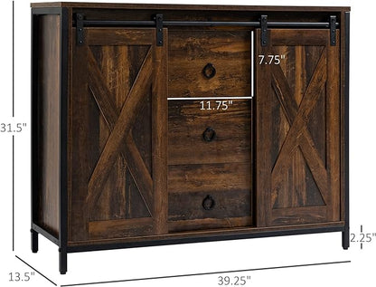 HOMCOM Industrial Farmhouse Buffet Cabinet, Kitchen Sideboard with Sliding Barn Doors, Three Drawers and Adjustable Shelves for Living Room, Rustic Brown - LeafyLoom