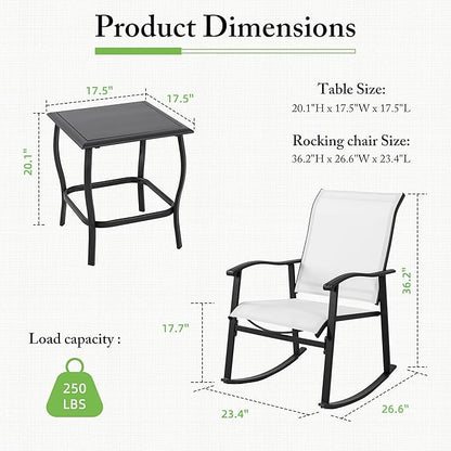 Shintenchi 3 Piece Rocking Bistro Set, Outdoor Furniture with Rocker Chairs and Glass coffee table set of 3, Balcony, Porch Furniture for Small Space, White - LeafyLoom