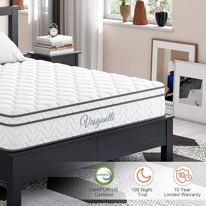 Vesgantti Full Size Mattress, 10.1 Inch Hybrid Full Mattress in a Box, Double Mattress with Memory Foam and Pocket Spring, Ergonomic Design & Pressure Relief, Medium Firm Feel - LeafyLoom