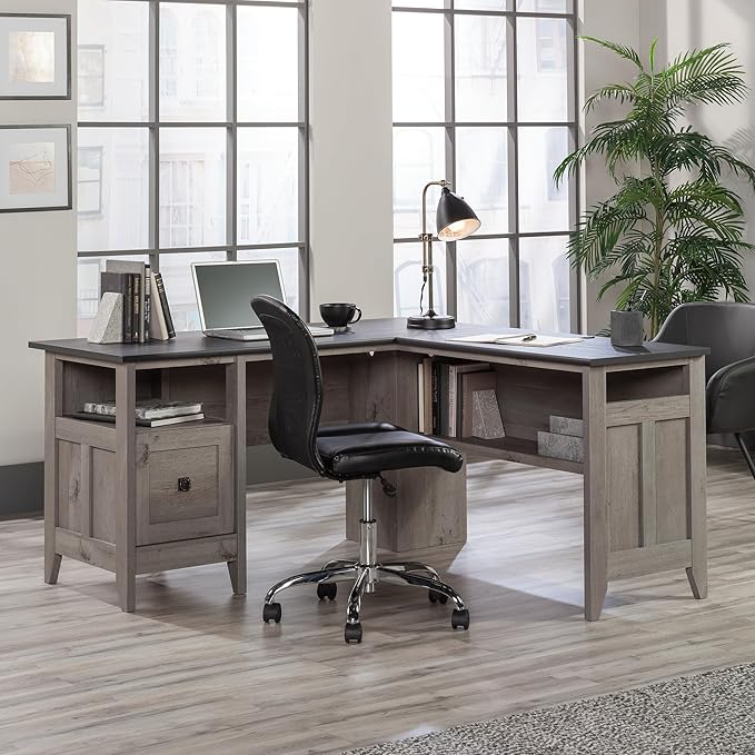 Sauder August Hill L-Shaped Home Office Desk, L: 59.06" x W: 58.74" x H: 29.25", Mystic Oak finish - LeafyLoom