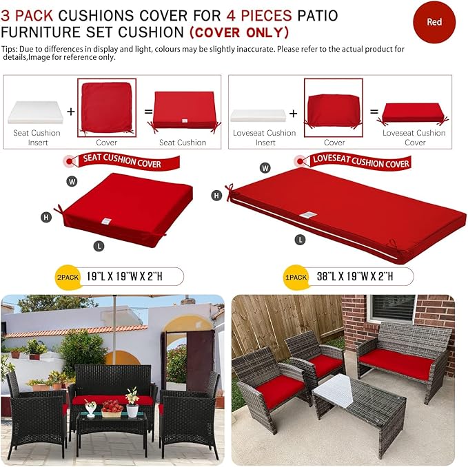 ClawsCover 3Pack Outdoor Seat Cushions Replacement Covers Fit for 4 Pieces Wicker Rattan Furniture Patio Conversation Set Loveseat Chair,38x19x2,19x19x2,Red-Large (Include Cover Only) - LeafyLoom