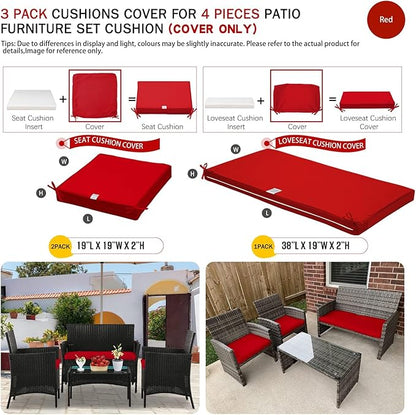 ClawsCover 3Pack Outdoor Seat Cushions Replacement Covers Fit for 4 Pieces Wicker Rattan Furniture Patio Conversation Set Loveseat Chair,38x19x2,19x19x2,Red-Large (Include Cover Only) - LeafyLoom