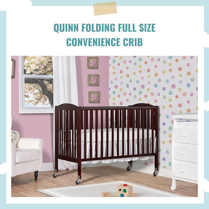 Folding Full Size Convenience Crib In Espresso, Two Adjustable Mattress Height Positions, Comes With Heavy Duty Locking Wheels, Flat Folding Crib - LeafyLoom