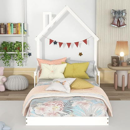 Bellemave Twin Size House-Shaped Headboard Floor Bed for Kids,Montessori Floor Bed with Handrails and Slats,Wood House Bed Twin for Girls,Boys(Twin,White) - LeafyLoom