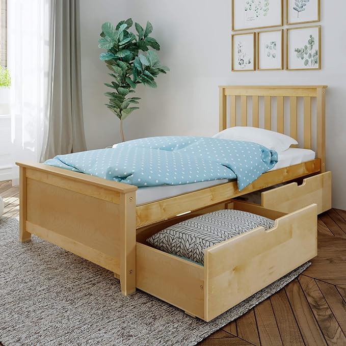 Max & Lily Twin Bed, Bed Frame with Headboard For Kids with Storage Drawers, Slatted, Natural - LeafyLoom