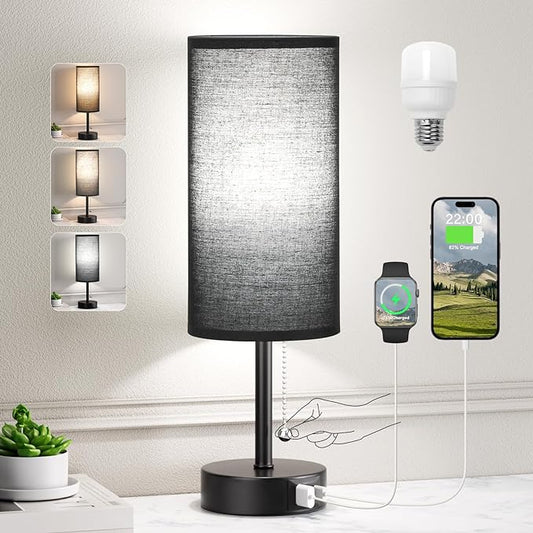 Black Bedside Lamp for Bedroom Nightstand - Small Table Lamp with USB A + C Charging Port, 3 Color Temperatures Pull Chain Night Stand Light with Bulb， Side Table Desk Reading Lamp for Living Room - LeafyLoom